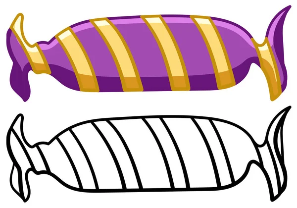 Bonbons in lila Verpackung mit gelben Streifen in farbigen und linearen Versionen auf weißem Hintergrund — Stockvektor