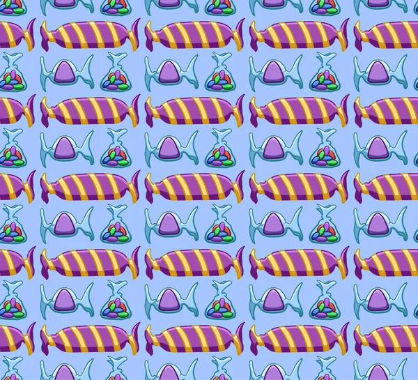 紫色のキャンディーのシームレスなパターン青の背景 — ストックベクタ