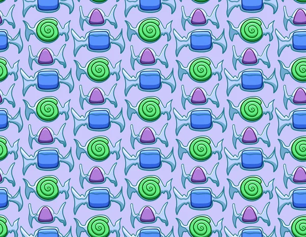 Bonbons verts, bleus et violets dans un emballage transparent motif sans couture sur fond violet — Image vectorielle