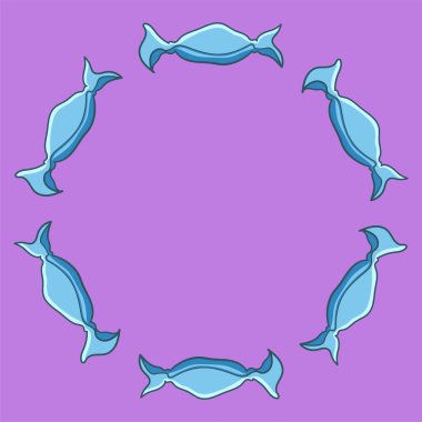 Mor arkaplanda mavi ambalajlı şekerlemelerden oluşan yuvarlak çerçeve