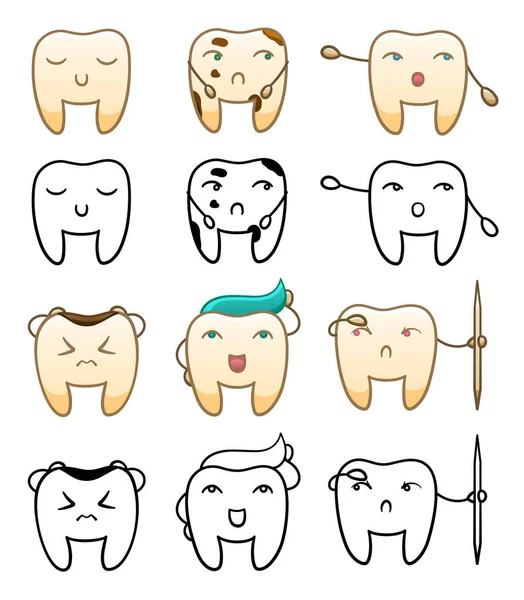 国際歯科デーのための色と黒の線で設定された漫画の歯 — ストックベクタ