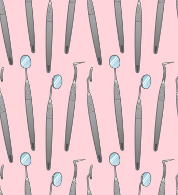 Ağız aynaları ve dişçi sondaları pembe arka planda pürüzsüz desen