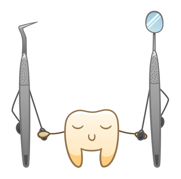 Мультяшний усміхнений зуб тримає руки за допомогою стоматологічного зонда та дзеркала рота — стоковий вектор