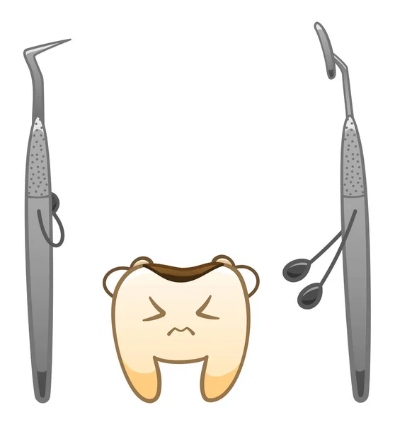 Karikaturenzahn mit Karies. Zahnsonde und Mundspiegel — Stockvektor