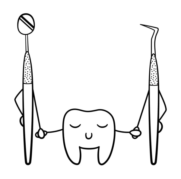 Мультяшний усміхнений зуб тримає руки з стоматологічним зондом і дзеркалом в чорних лініях — стоковий вектор