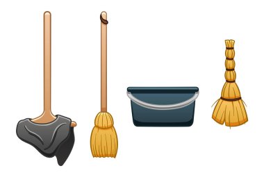 Temizlik için bez, süpürge, kova ve besom ile izole edilmiş.