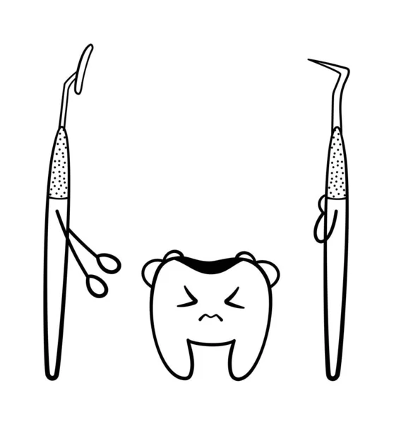 Мультяшний зуб з карієсом. стоматологічний зонд і дзеркало в чорних лініях — стоковий вектор