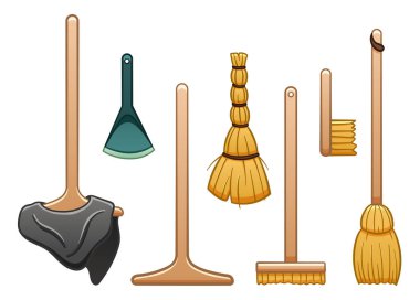 Isolated mops, broom, dustpan, brush and besom for cleaning