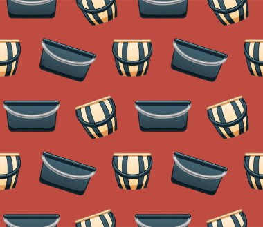 Çizgi film stili mavi ve sarı şeritli ve geniş mavi plastik kovalar. Kırmızı arkaplan, vektör.