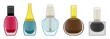 Cam oje şişeleri. Mavi, kahverengi, siyah, pembe ve şeffaf. Beyaz arkaplan, vektör.