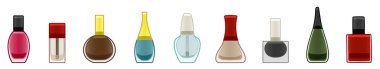 Cam oje şişeleri. Mavi, kahverengi, siyah, pembe, yeşil, bej, kırmızı ve şeffaf. Beyaz arkaplan, vektör.