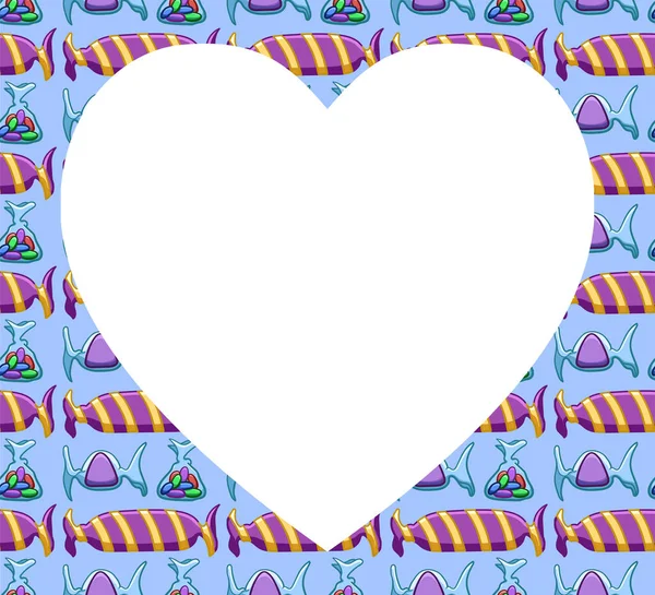 青の背景に紫のキャンディでパターン上の心の形で白いコピースペース ベクトル — ストックベクタ