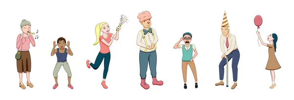 Счастливые Карикатурные Люди Вечеринке Поставили Изолированную Иллюстрацию Белый Фон Вектор — стоковый вектор