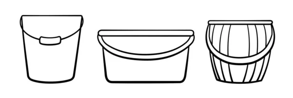 塑料和金属桶 设置成黑色线条 用于清洁和园艺 白色背景 — 图库矢量图片