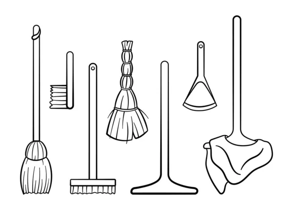 轮廓风格的木制拖把 污物和刷子 用于清洁孤立的插图 白色背景 — 图库矢量图片