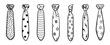 Farklı düğüm ve desenlere sahip yedi ana hatlı kravat izole bir illüstrasyon oluşturur. Beyaz arkaplan, vektör.