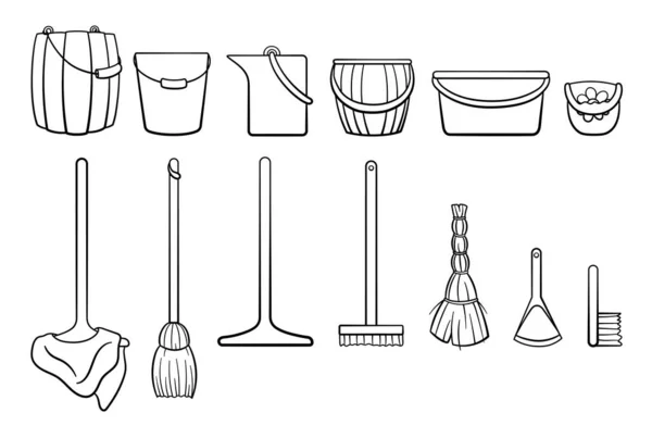 Conjunto Herramientas Limpieza Estilo Perfilado Cubos Fregonas Escobas Escobas Recogedor — Archivo Imágenes Vectoriales