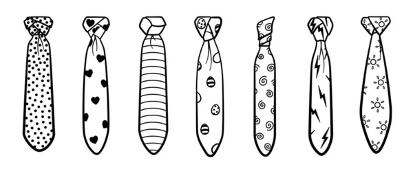 Sieben Umrissene Krawatten Mit Verschiedenen Knoten Und Mustern Stellen Isolierte — Stockvektor