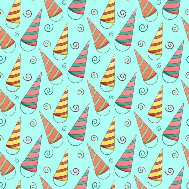 Renkli şeritli kağıttan tatil şapkaları kusursuz desen. Tebrik kartı, ambalaj kağıdı ve tekstil için dekorasyon. Mavi arkaplan, vektör.