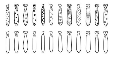 Farklı düğüm ve desenlere sahip taslak stil kravatlar. Büyük set izole çizimler. Beyaz arkaplan, vektör.