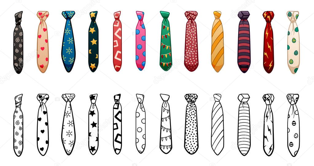 Colored and outline style neckties with different knots and patterns set isolated illustration. White background, vector.
