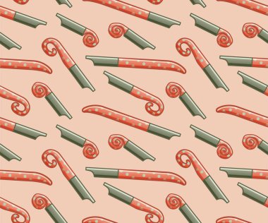 Yeşil ve turuncu parti ıslık çalıyor. Tebrik kartı, ambalaj kağıdı ve tekstil için dekorasyon. Pembe arkaplan, vektör.