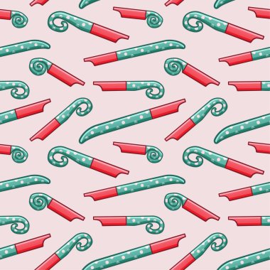 Mavi ve kırmızı parti kusursuz bir şekilde ıslık çalıyor. Tebrik kartı, ambalaj kağıdı ve tekstil için dekorasyon. Pembe arkaplan, vektör.