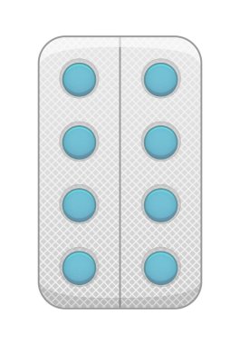 Üzerinde mavi yuvarlak haplar olan kabarcıklar izole edilmiş. Beyaz arkaplan, vektör.