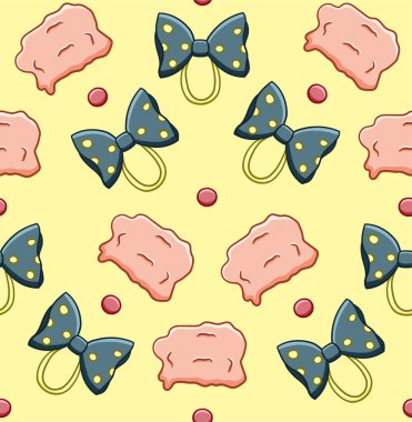 Palyaço burunları, peruklar ve yay desenleri. Tebrik kartı, ambalaj kağıdı ve tekstil için dekorasyon. Sarı arkaplan, vektör.