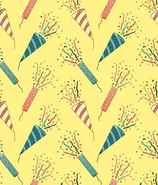 Noktalı konfeti kazıntıları tatil partileri için kusursuz desenler oluşturuyor. Tebrik kartı, ambalaj kağıdı ve tekstil için dekorasyon. Sarı arkaplan, vektör.