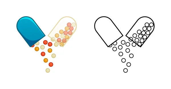 Flache Und Umrisse Stil Öffnete Ovale Kapsel Pillen Isolierte Illustration — Stockvektor