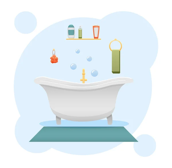 Banyo içi. Duş jeli, sünger, şampuan, küvet, havlu, halı ve musluk. Mavi dekoratif arkaplan, vektör.