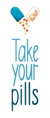 Haplarınızı açık kapsül hap dekorasyonuyla birlikte alın. Beyaz arkaplan, vektör.