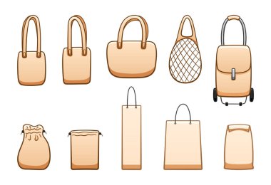Farklı bej çantalar. Büyük set izole çizimler. Çevre, ağ, rulo, kağıt torba. Beyaz arkaplan, vektör.