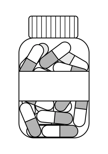 Esquema Estilo Botella Transparente Plástico Con Píldoras Cápsula Ovalada Ilustración — Archivo Imágenes Vectoriales