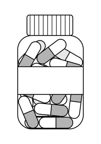 Frasco Transparente Plástico Estilo Esboço Com Cápsula Oval Comprimidos Ilustração — Vetor de Stock