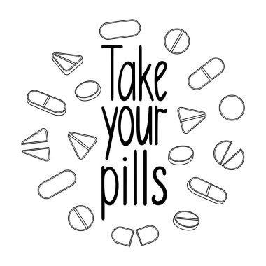 Haplarını al ve farklı şekillerde şekillendirilmiş haplar kullan. Beyaz arkaplan, vektör.