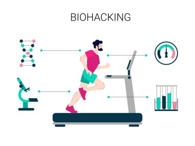 Biohacking vektör çizim. Düz küçük kendini geliştirme kişi kavramı. Biyolojik sağlık mühendislik hacker etik ve anatomik AI izleme kullanarak. Organları zenginlik etkiler değirmeni yaklaşım