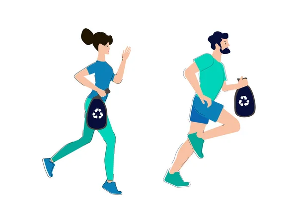 Plogging. Un hombre y una mujer recogen basura durante una carrera deportiva. Ilustración vectorial . — Vector de stock