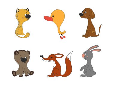 Sevimli hayvanları hazırla kedi, köpek, ördek, ayı, tilki, tavşan. El çizimi vektör çizimi. beyaz arkaplanda izole.