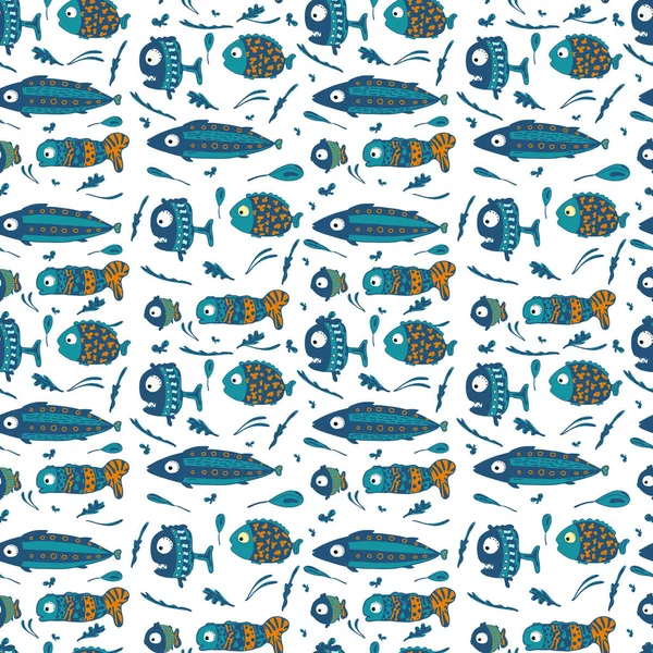 Kleurrijke vis cartoon naadloze vector patroon op witte achtergrond — Stockvector