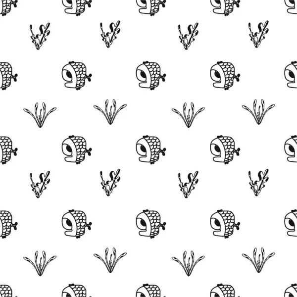 Poisson dessin animé motif vectoriel sans couture sur fond blanc — Image vectorielle
