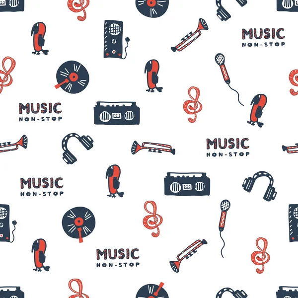 Conjunto de instrumentos musicais desenhados à mão sem costura padrão. gravador de partituras gravar microfone trompete fone de ouvido alto-falante. Fundo branco. Estilo doodle — Vetor de Stock