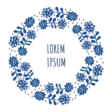 Flower arrangement with a round frame in blue and space for your text. Abstract natural background color of the trend.