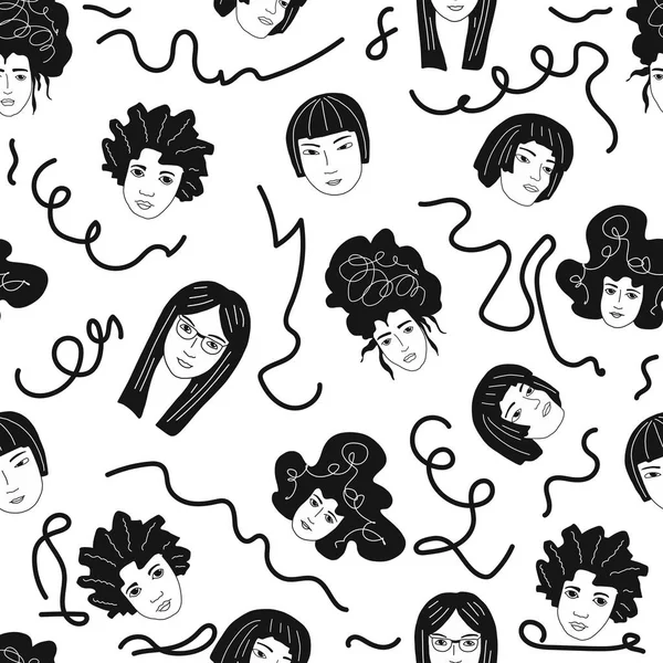 Doodle donne di diverse nazionalità modello senza soluzione di continuità. illustrazione vettoriale in bianco e nero su sfondo bianco con elementi aggiuntivi . — Vettoriale Stock