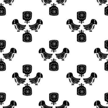 Kusursuz desenli siyah beyaz. Çiçekler ve kuşlar İskandinav tarzında halk sanatının ilham verici bir örneğidir. Vektör çizimi. Kartpostal, tişört ya da ambalaj dekorasyonu için mükemmel