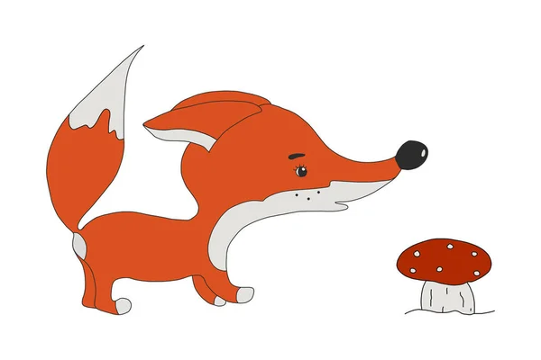 Vtipný Fox Cub čichá lesní houbu. vektorová ilustrace ve stylu plochého návrhu. izolované na bílém pozadí — Stockový vektor