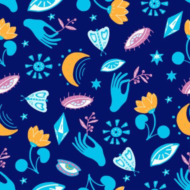 Vektör Dikişsiz desen renkli simya ve mistik işaretleri göz, üçgenler, avuç içi, ay, yıldız, satırlarında çizilmiş Astroloji sembolleri ver. Koyu renkli geometrik şekillerle parlak modern kafe Yazdır