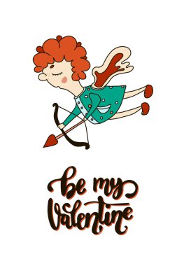 Sevgililer Günü tebrik kartı vektör illüstrasyonun kutlu olsun. Kanatları olan sevimli bir melek aşkın kalbine bir yay fırlatıyor..