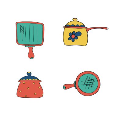 Pişirme Tenceresi ve Pan Düz Tasarım Vektör Çizimi. beyaz arkaplanda izole